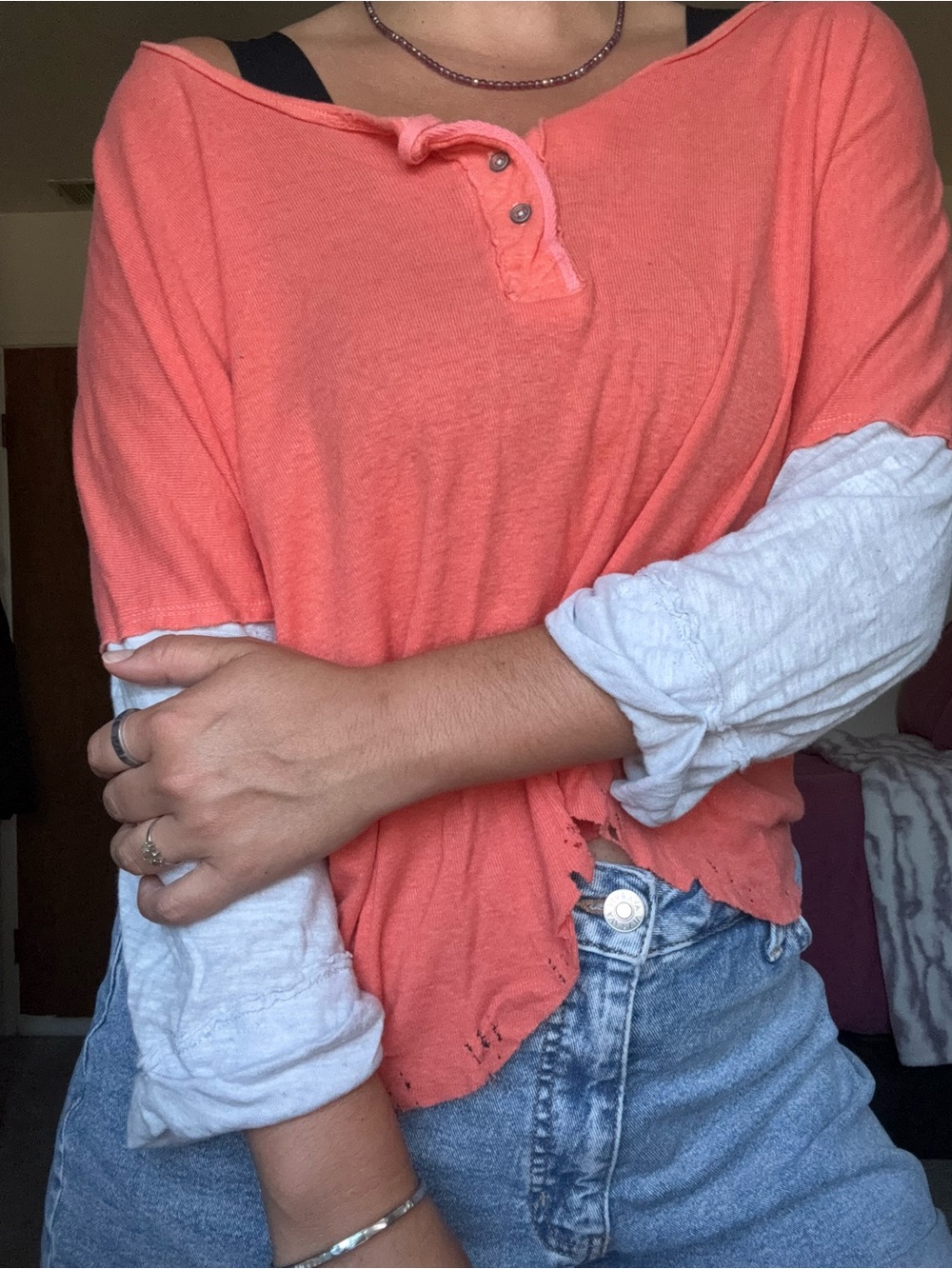 Coral Two-Tone Lightweight Henley distressed Shirt - FREE PEOPLE